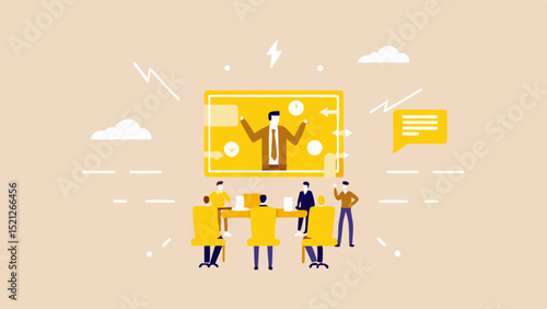 Illustration showing a video conference with a presenter and meeting attendees in a room setting