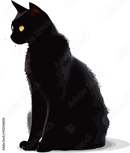 A sleek black cat sits elegantly with piercing yellow eyes.