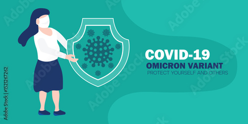 Businesswoman leader full protective gear holding strong shield fight virus.  New variant omicron outbreak from Africa and coronaviruses influenza background 