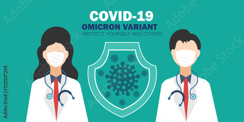 New coronavirus variant of COVID-19 strain omicron and doctors banner concept. World alert attack sign with medical staff doctor and nurse