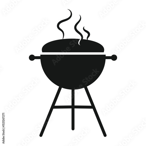 Black BBQ grill icon with smoke and handles vector illustration. BBQ PNG