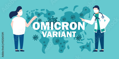 New coronavirus variant of COVID-19 strain omicron and doctors banner concept. World alert attack sign with medical staff doctor and nurse