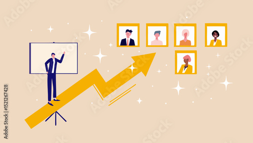 Man presenting on arrow seesaw with team portraits and board with stars on light background