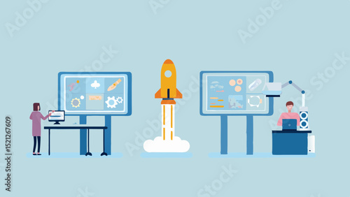 Illustration of people working on computer screens with a rocket launch in the center