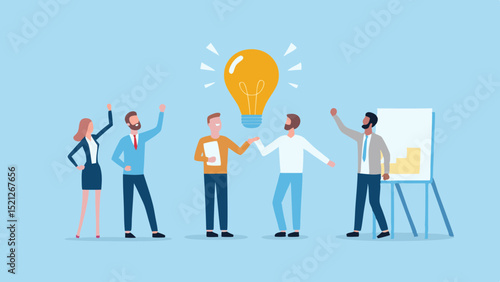 Group of people celebrating a new idea under a lightbulb with a presentation board nearby