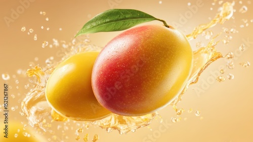 artistic professional photo of mango juice splash with dynamic motion, pastel apricot background, perfect lighting, realistic and cinematic style