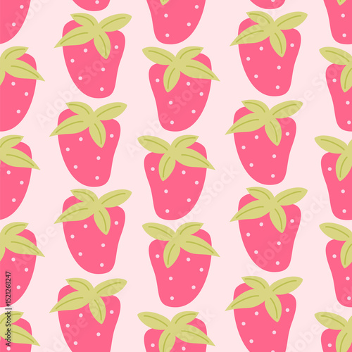 cute lovely hand drawn pink strawberries with green leaves seamless vector pattern background illustration	