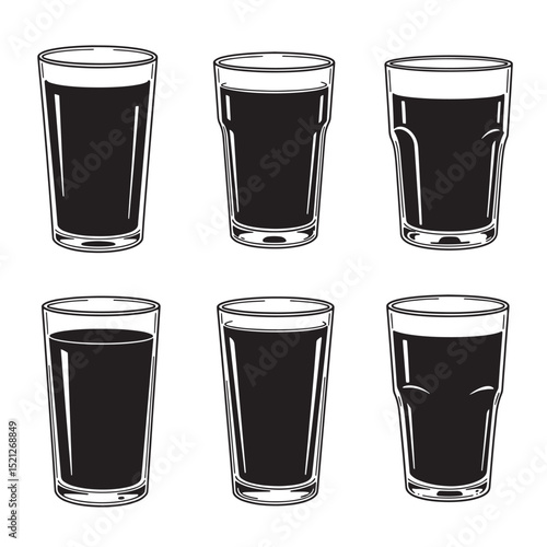Vintage illustration of six pint glasses filled with dark beer or beverage silhouette