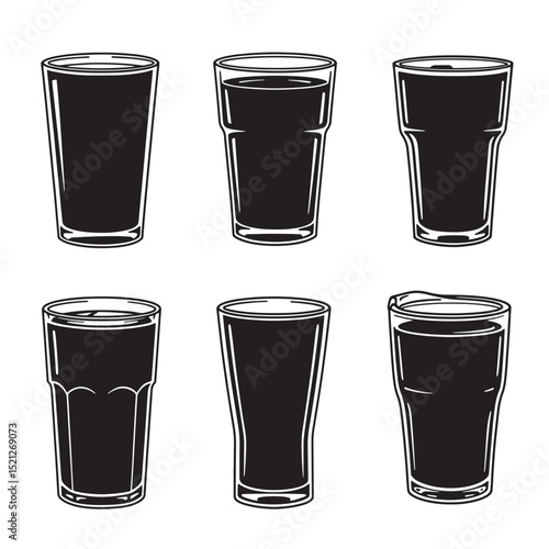 Set of six black and white silhouette beer glasses vector illustration
