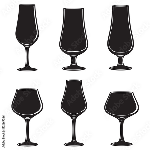 Six elegant wine glass silhouettes in black and white for beverage design and illustration