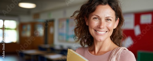 Smiling caucasian female teacher holding folder in classroom setting