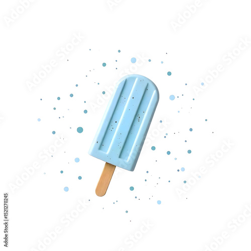 Cookies and cream popsicle with a wooden stick , light blue color with blue spots, isolated on a png background