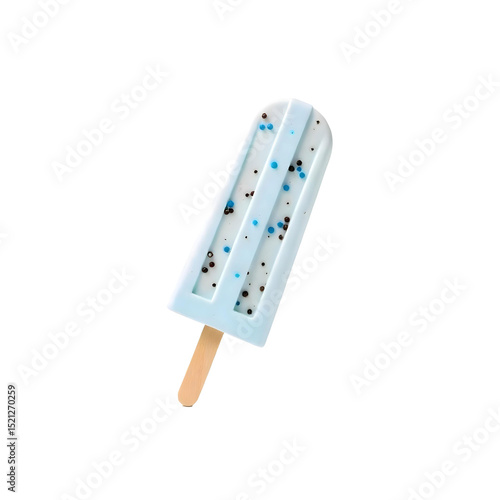 Cookies and cream popsicle with a wooden stick , light blue color with blue spots, isolated on a png background
