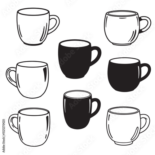 Collection of coffee mugs in black and white silhouette styles for design and decorative purposes