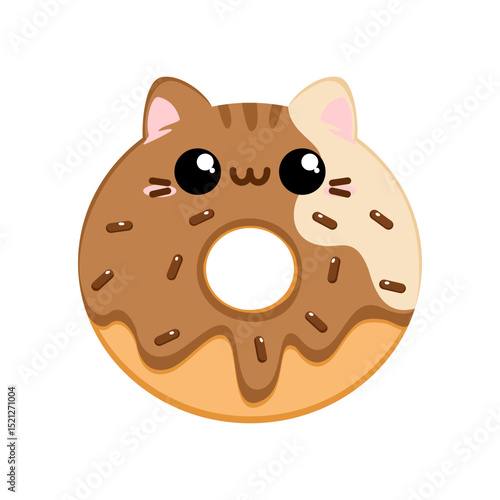Słodki kawaii pączek w kształcie kota z polewą o smaku toffi - urocza ilustracja wektorowa.