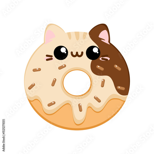Słodki kawaii pączek w kształcie kota z białą czekoladą - urocza ilustracja wektorowa.