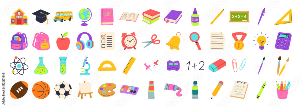 A collection of school supplies and objects, including a book, a clock, a pencil A collection of school supplies and objects, including a book, a clock, a pencil