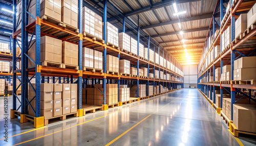 Warehouse of Storage: rows of cardboard boxes stacked high on industrial shelving, a visual representation of efficiency, organization, and the backbone of supply chains and distribution centers.