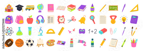 A collection of school supplies and objects, including a book, a clock, a pencil