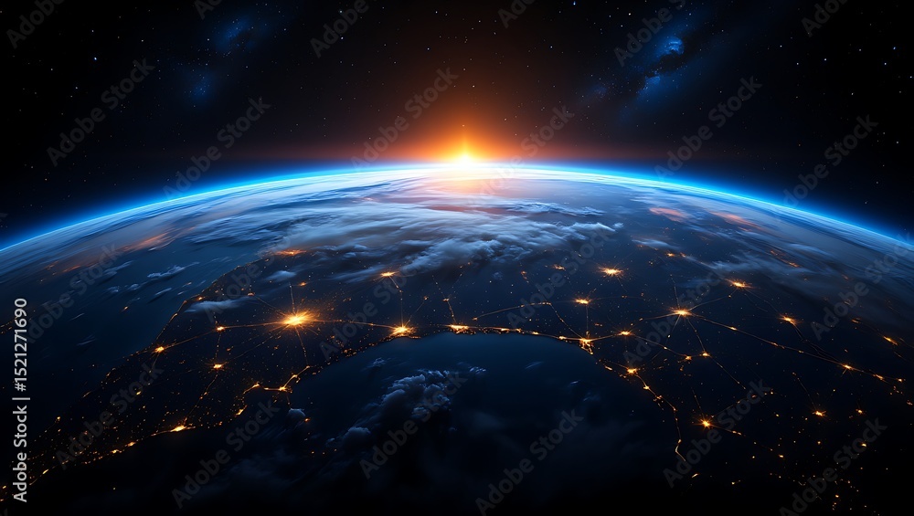 Fototapeta premium Earth from space at night with city lights and sunrise glow