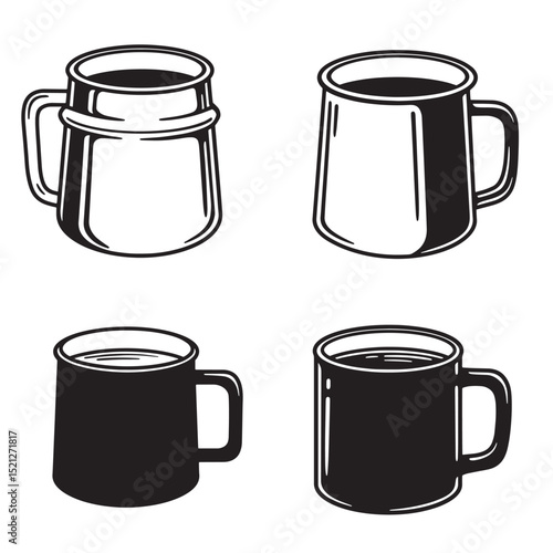 Four stylish coffee mugs illustration black and white silhouette vector graphic