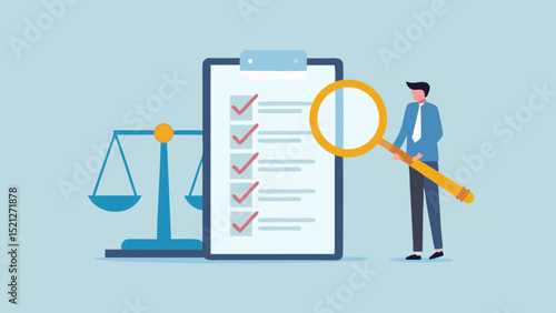 Illustration of a man inspecting a checklist with a magnifying glass next to a scale of justice