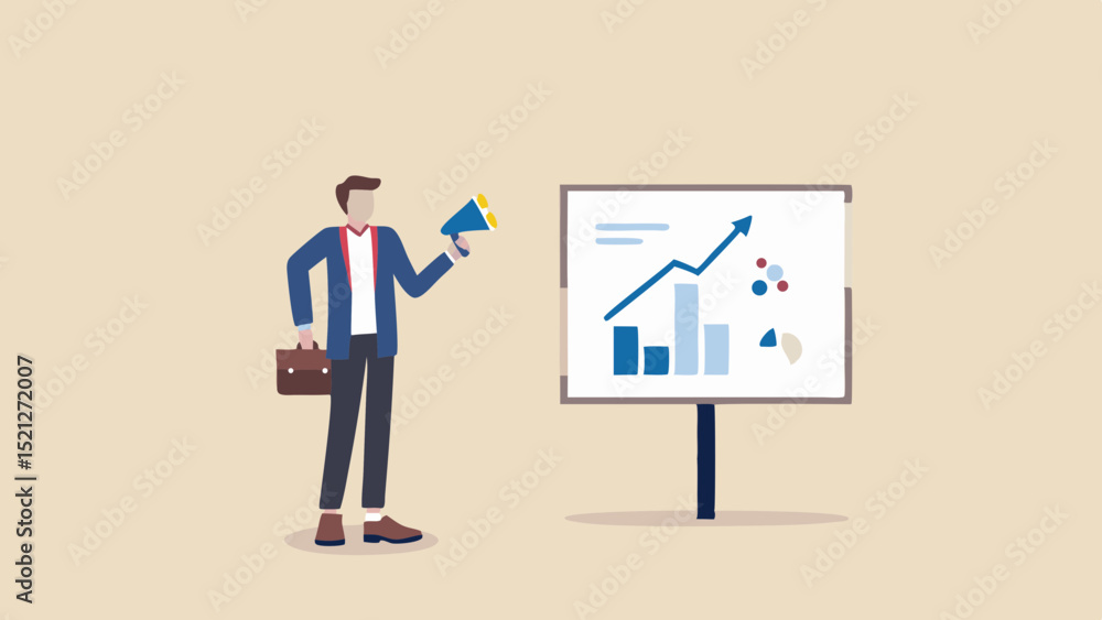Fototapeta premium Man presenting data on a whiteboard with a graph and holding a megaphone for announcement purpose