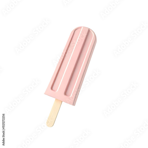 A pink popsicle with a wooden stick, the popsicle has three vertical stripes , isolated on a png background