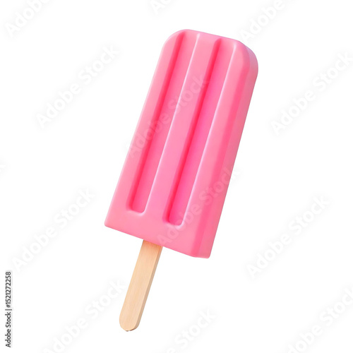A pink popsicle with a wooden stick, the popsicle has three vertical stripes , isolated on a png background