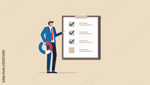 Businessman presenting checklist with checkmarks and holding a life preserver in his hand