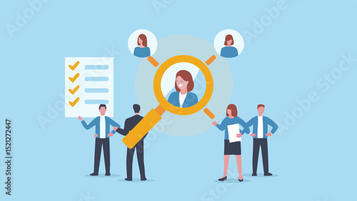 Team members searching for candidates with a magnifying glass and a checklist for hiring process