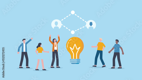 Group of people celebrating a bright idea with network connections on a blue background design