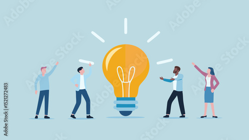 People standing around a large lightbulb with rays emanating from it on a light blue background design