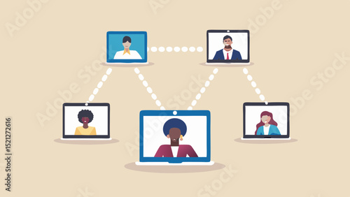 Illustration of five people connected through laptops in a network communication setup online meeting