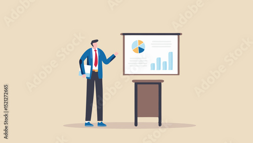 Man in suit presenting a pie chart and bar graph on a screen with a small table nearby in a light room