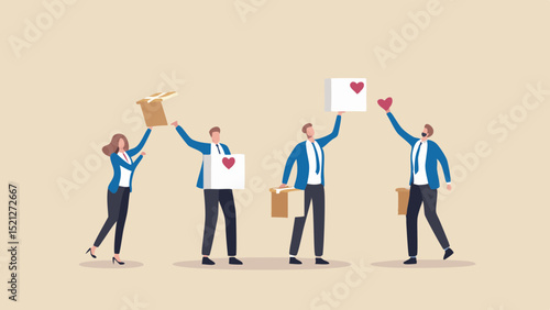 Group of people in business attire holding boxes with heart symbols in a light beige background scene