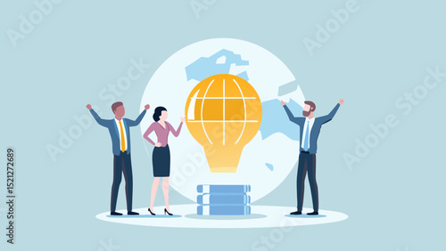 Business team celebrates global innovation with lightbulb and world map background design concept