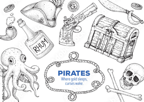 Pirate adventure frame. Hand drawn vector illustration. Sea design template. Sketch elements for pirate-marine theme design.