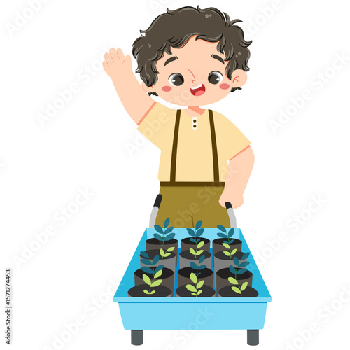 Cute curly boy is pushing garden cart with seedling inside in a summer