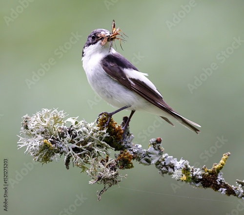 male pied flycatcher with insects in its beak