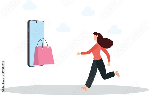 buying recycling eco friendly clothes and textile consciously. woman chooses dress and bag online.flat character life .