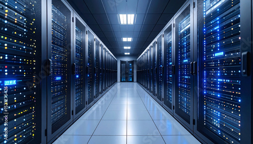 Data Center: Immersive perspective into a state-of-the-art data center, a symphony of technology and the heart of modern data processing and storage.