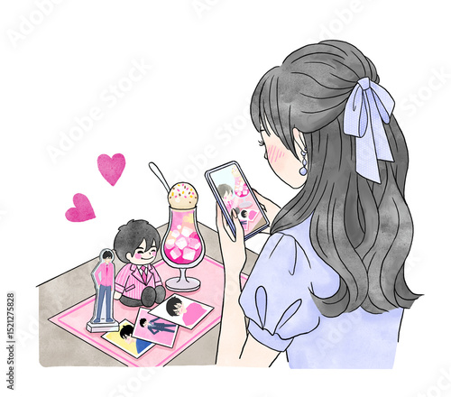 Obraz na płótnie カフェで推しぬいの写真を撮る推し活をする女性のイラスト