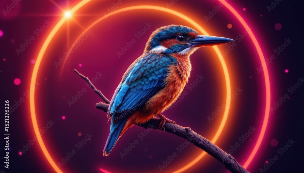 Fototapeta premium Colorful Kingfisher Bird Perched on a Branch with a Vibrant Glow in Nature