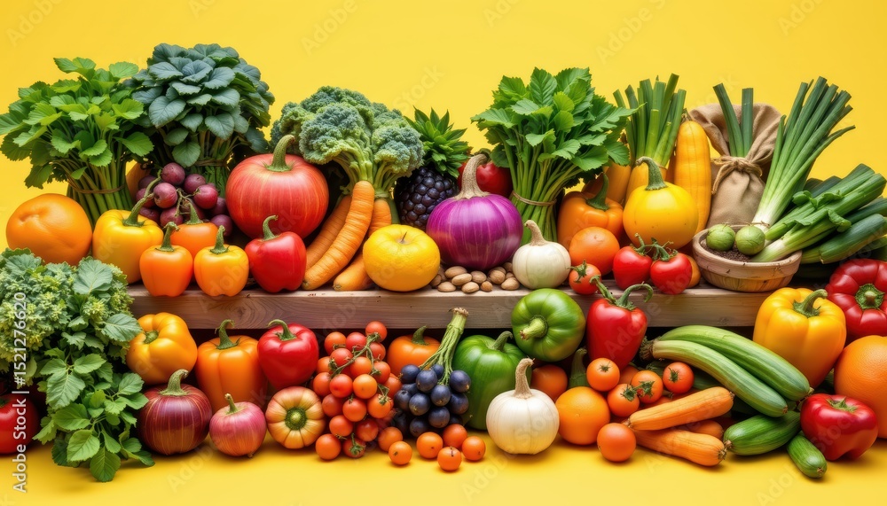 Vibrant Display of Fresh Fruits and Vegetables on a Bright Yellow Background Vibrant Display of Fresh Fruits and Vegetables on a Bright Yellow Background