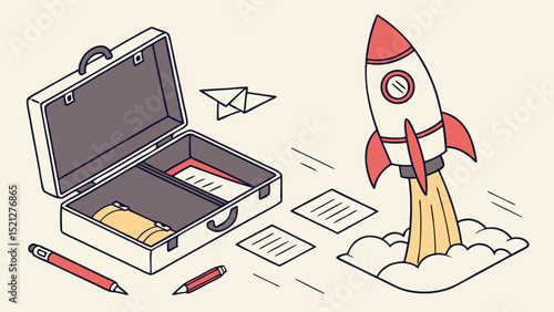 Open briefcase with documents, pencils, and a paper airplane next to a launching rocket illustration