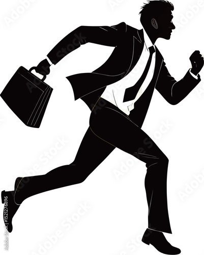A dynamic silhouette of a man in a suit sprinting with a briefcase.