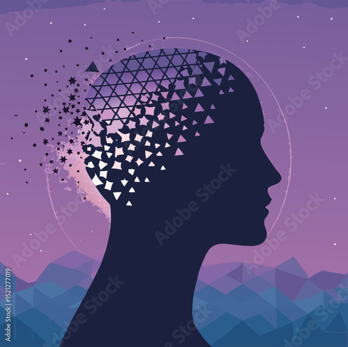 Silhouette of a person's head with a geometric pattern dissolving into stars.
