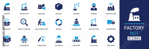 Factory solid Icon set. Features icons of Assembly, Industry, Production, Manufacturing, Plant, Assembly, Worker, Machine, Building, and Machine. Perfect for Web and Apps.