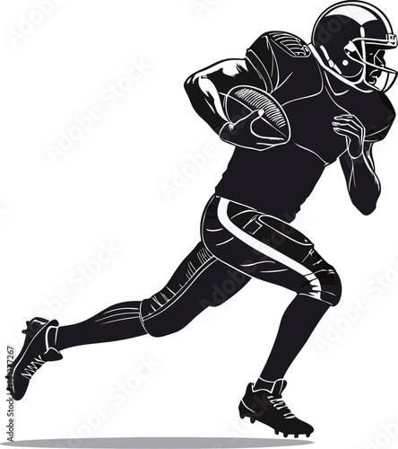 Dynamic male football player sprinting with the ball, showcasing strength and agility.